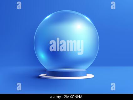 3D réaliste blanc et bleu niveau cylindre podium podesta stand avec cercle sphère verre boule transparent toile de fond bleu. Vous pouvez Illustration de Vecteur