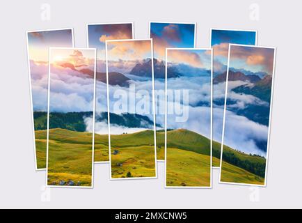 Isolé huit cadres collage de la photo des Alpes Dolomites, Tyrol du Sud, Italie, Europe. Magnifique lever de soleil d'été dans la vallée de la montagne. Maquette Banque D'Images