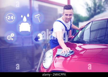 Lavage de voiture, icônes de service complet. Homme nettoyant automobile avec un chiffon Banque D'Images