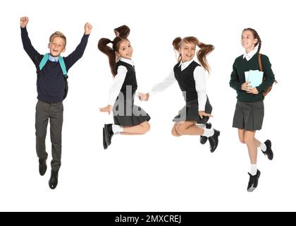 Enfants en uniforme d'école sur fond blanc Banque D'Images