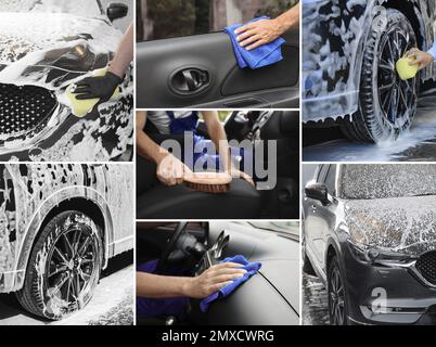 Collage de personnes nettoyant automobiles au lavage de voiture, gros plan Banque D'Images