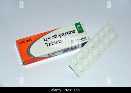 Une boîte de 28, 50mg comprimés de Levothyroxine 'L-thyroxine' fabriqués par Accord pour traiter la glande thyroïde sous-active, déficit en hormone thyroïdienne (hypothyroïdie) Banque D'Images