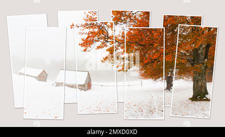 Isolé huit cadres collage de la photo de la première neige dans la ferme de montagne. Splendide vue d'automne sur les montagnes carpathes enneigées. Maquette de photo modulaire. Banque D'Images