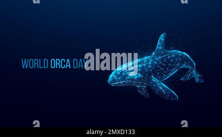 Journée mondiale de l'orque. Baleine Orca basse polyfilaire. Conception sur fond bleu foncé. Illustration vectorielle futuriste abstraite. Illustration de Vecteur