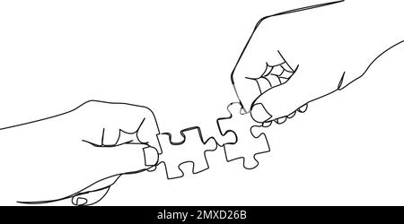 dessin continu d'une seule ligne des mains de deux personnes qui s'assemblent deux pièces de puzzle correspondantes, illustration vectorielle de dessin au trait Illustration de Vecteur