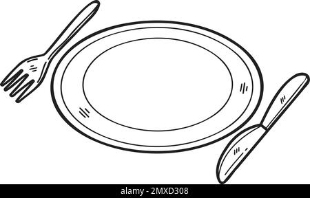 Assiette à aliments dessinée à la main avec fourche et couteau, illustration en forme de caniche isolée sur l'arrière-plan Illustration de Vecteur