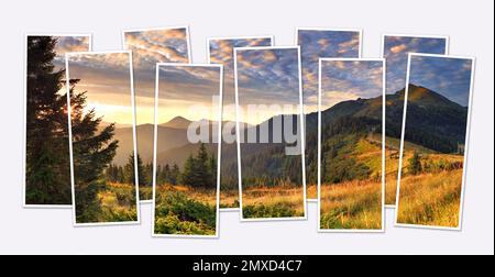 Isolé dix cadres collage de l'image de lever de soleil coloré dans la vallée de montagne. Incroyable vue d'été sur les montagnes carpathes. Maquette de phot modulaire Banque D'Images