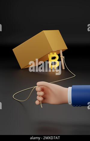 Main de dessin animé tenant la corde d'un piège à boîte avec un symbole de bitcoin à l'intérieur. 3d illustration. Banque D'Images