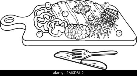 Steak de bœuf tiré à la main sur une planche à découper en bois avec couteau et fourche, illustration en forme de doodle isolée en arrière-plan Illustration de Vecteur