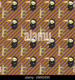 Motif sans couture Halloween Party avec Mummy et Death Grim Reaper sur un fond rayé diagonal Illustration de Vecteur