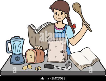 Femme dessinée à la main pratiquant la cuisine illustration dans le style Doodle isolé sur fond Illustration de Vecteur