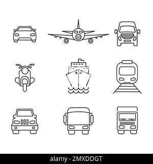 Ensemble d'icônes, de vecteurs et d'illustrations de la vue avant du véhicule et du transport Illustration de Vecteur