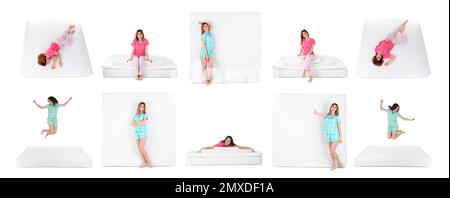 Collage avec photos de femmes et matelas sur fond blanc. Bannière Banque D'Images