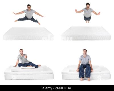 Collage avec photos de jeunes hommes et matelas sur fond blanc Banque D'Images