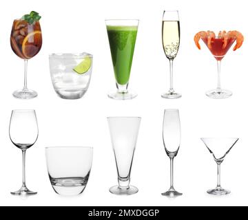 Collage avec des verres pleins et vides sur fond blanc Banque D'Images