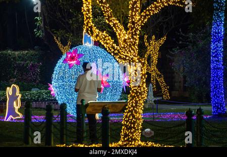 Chiang Mai, Thaïlande. 02nd févr. 2023. Un visiteur a vu se détendre avec le spectacle illuminé de 'Flora Wonderlust 2023' pendant le Chiang Mai Flower Festival 2023 au parc public de Suan Buak Haad. Le Festival des fleurs de Chiang Mai est en cours depuis plus de 45 ans et célèbre les belles fleurs en pleine floraison pendant cette période. Le festival dure plus de 3 jours au début du mois de février chaque année et attire des milliers de visiteurs à Chiang Mai. Crédit : SOPA Images Limited/Alamy Live News Banque D'Images