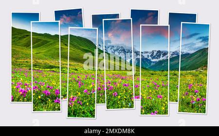 Isolé dix cadres collage de la photo des prairies alpines dans les montagnes du Caucase. Lever de soleil à Upper Svaneti, Géorgie. Maquette de photo modulaire. Banque D'Images