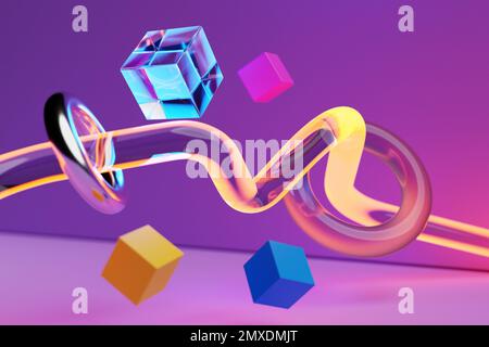 Gros plan 3D illustrations colorées. Différents cube et torus volant Banque D'Images