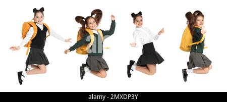 Collage avec des photos de fille dans l'uniforme scolaire sautant sur fond blanc. Bannière Banque D'Images