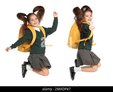 Fille dans l'uniforme de l'école sautant sur fond blanc Banque D'Images
