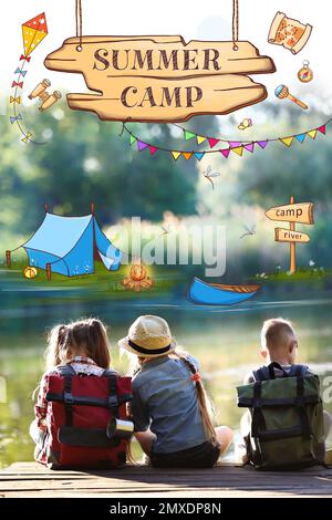 Enfants au camp d'été. Illustrations en arrière-plan Banque D'Images