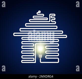 Image créative de la maison avec ampoule sur fond sombre. Efficacité énergétique, prêt, propriété ou concepts d'affaires Banque D'Images