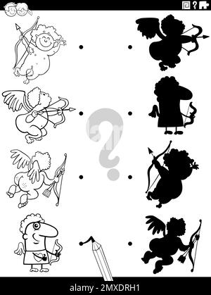 Dessin animé noir et blanc illustration de faire correspondre les ombres droites avec des images jeu éducatif avec des personnages de la bande dessinée cupids coloriage page Illustration de Vecteur