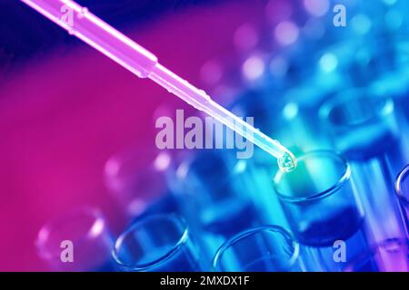 Égoutter le réactif dans le tube à essai avec un échantillon liquide sur fond flou, en gros plan. Analyse en laboratoire Banque D'Images