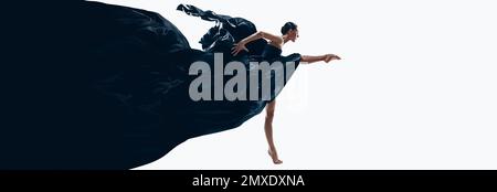 Dane expressif. Jeune femme, ballerine professionnelle en noir étonnant robe sur fond blanc. Bannière Banque D'Images