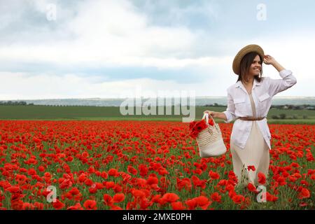 Femme tenant un sac à main avec des fleurs de pavot dans un beau champ Banque D'Images