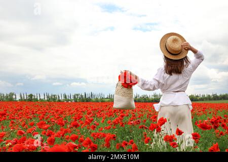 Femme tenant un sac à main avec des fleurs de pavot dans un beau champ Banque D'Images