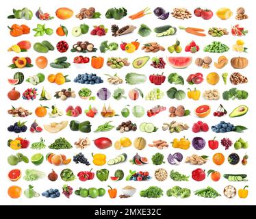 Ensemble de fruits, légumes. baies et noix sur fond blanc Banque D'Images