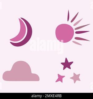 Ensemble de motifs vectoriels de soleil et de lune mignons. Illustration de la collection de ciel de nuit et de jour pour les enfants clipart. Illustration de Vecteur