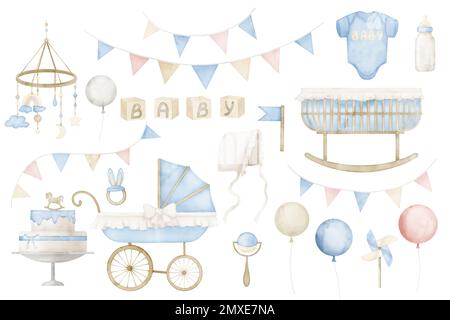 Ensemble aquarelle pour bébé avec pram, berceau, gâteau et toile pour enfant. Illustration dessinée à la main des guirlandes et des ballons sur fond isolé pour la fête des enfants. Dessins en bleu pastel pour nouveau-né. Banque D'Images