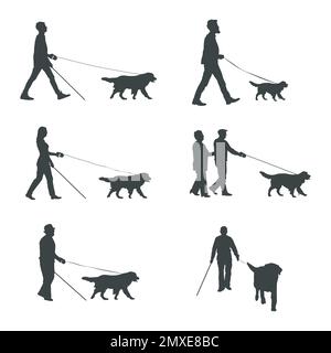 Personnes aveugles avec des silhouettes de marche de chien guide Illustration de Vecteur