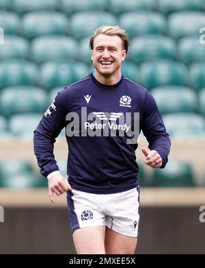 Stuart Hogg, en Écosse, pendant une course de capitaines au stade de Twickenham, à Londres. Date de la photo: Vendredi 3 février 2023. Banque D'Images