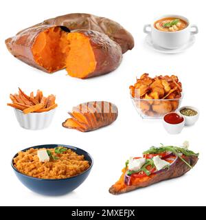 Ensemble de délicieux plats de patates douces sur fond blanc Banque D'Images