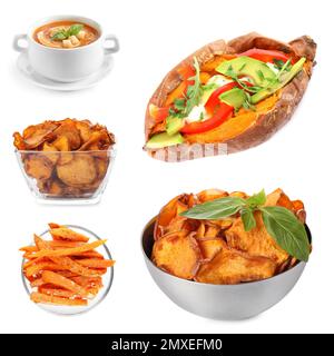 Ensemble de délicieux plats de patates douces sur fond blanc Banque D'Images