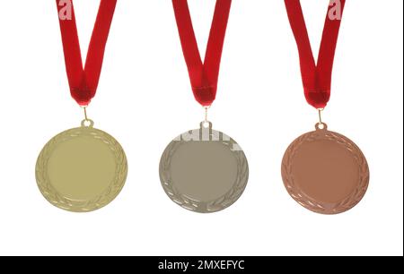 Médailles d'or, d'argent et de bronze isolées sur blanc. Espace de conception Banque D'Images