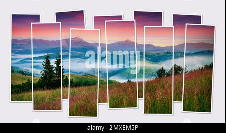 Isolé dix cadres collage de la photo du spectaculaire lever de soleil d'été dans les montagnes Carpathian. Une incroyable scène matinale de la vallée de la montagne brumeuse. Maquette de Banque D'Images