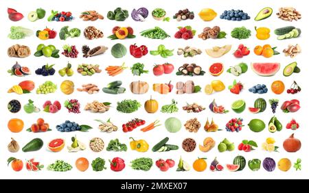Ensemble de fruits, légumes. baies et noix sur fond blanc. Bannière Banque D'Images