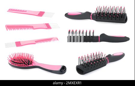 Ensemble avec différentes brosses à cheveux et différents sabots sur fond blanc Banque D'Images