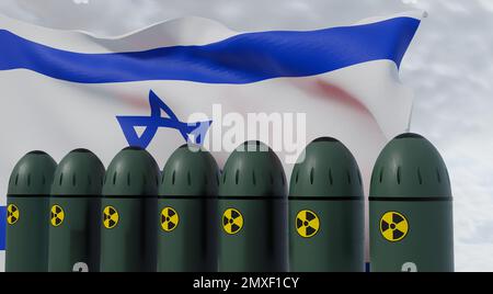 Missiles nucléaires et drapeau israélien en arrière-plan. Les missiles à ogives sont prêts à être lancés. défense antimissile. Armes nucléaires et chimiques. rayonnement Banque D'Images