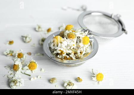 Sécher les fleurs de camomille dans l'infuser sur une table en bois blanc, en gros plan Banque D'Images