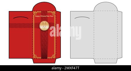 Enveloppe verticale rouge et modèle de sablon vide découpé, timbre avec motif de lapin doré moderne et luxueux. Mockup Chinois nouvel an 2023 année de rabbin Illustration de Vecteur