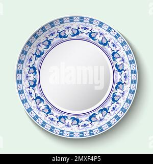 Assiette à vaisselle bleu ethnique pour décoration intérieure, réglage de la table. Peinture stylisée au cobalt ethnique sur porcelaine. Plat isolé, plats ethniques au menu Illustration de Vecteur