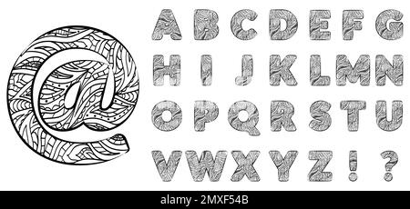 Motif cachemire, lettre henné pleine. Jeu de lettres ABC et de symboles. Police décorative noire à motifs. Indien, indonésien ou Pakistan Illustration de Vecteur