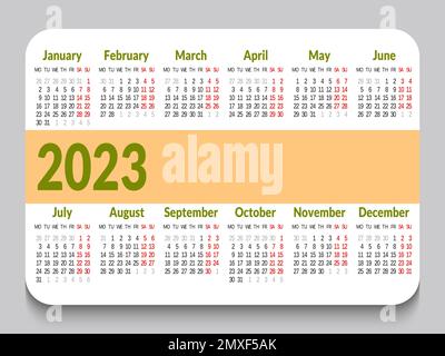 Poche en grille pour 2023 en anglais. La semaine commence le lundi. Modèle de calendrier simple conception propre à l'entreprise. Orientation horizontale. V Illustration de Vecteur