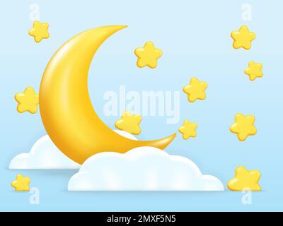 Croissant ou lune avec des nuages et de nombreux astérisques. Étoiles brillantes en croissant 3D et en trois dimensions. Design de rêve, berceuse, symbole de rêve pour bannière ou po Illustration de Vecteur