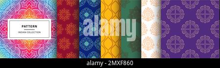 Collection de motifs indiens sans couture. Ensemble décoratif de motifs hindous pour textiles, vêtements, arrière-plans. Inspiré par la culture et l'art en Inde. Illustration de Vecteur
